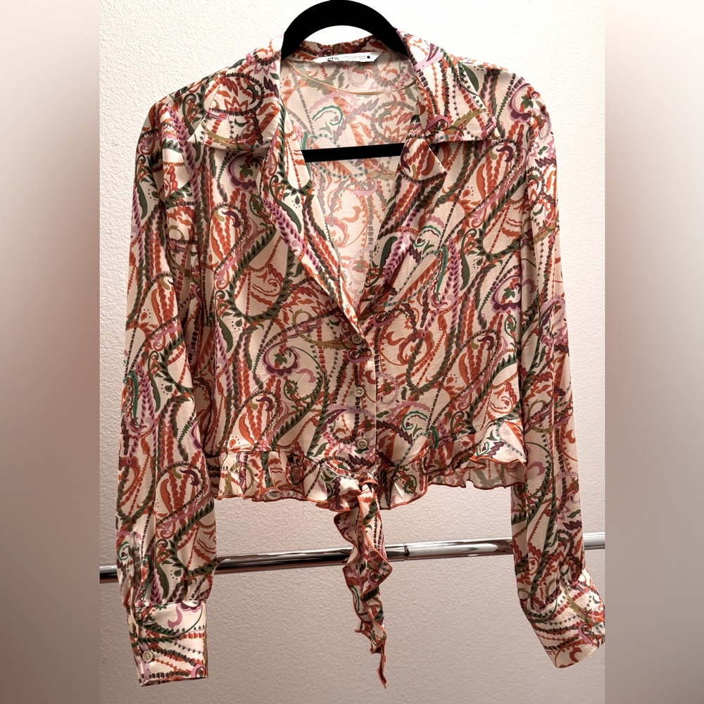 Zara Multicolor Patterned Tie-Front Blouse